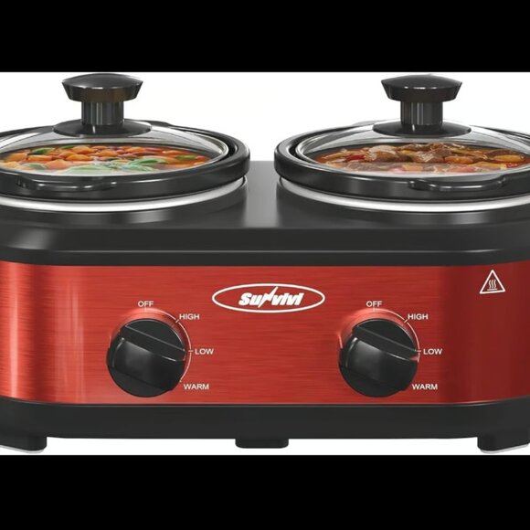NEW Sunvivi Double Slow Cooker2 Pot Small Mini Crock Buffet 2.5 Quarts Red